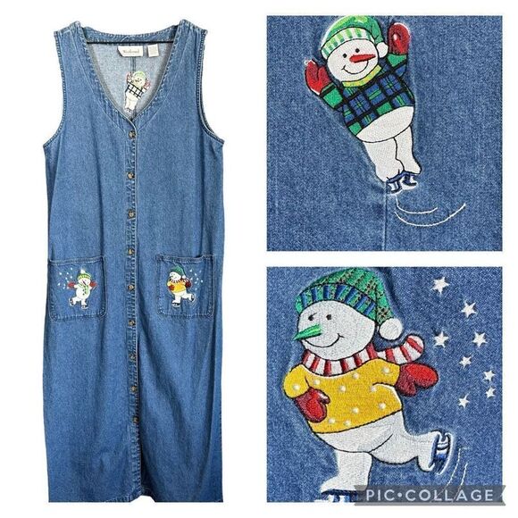 Vintage 90s Embroidered Ice Skating Snowmen Button Down Jean Dress - Picture 1 of 14